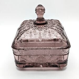 Vintage Tiara Glass Plum Light Purple Bees Hive Lidded Dish Honey Jar Footed Box